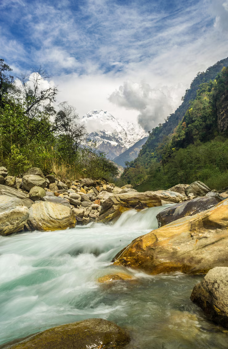 river-surrounded-by-rocks-covered-greenery-snow-cloudy-sky_181624-16840